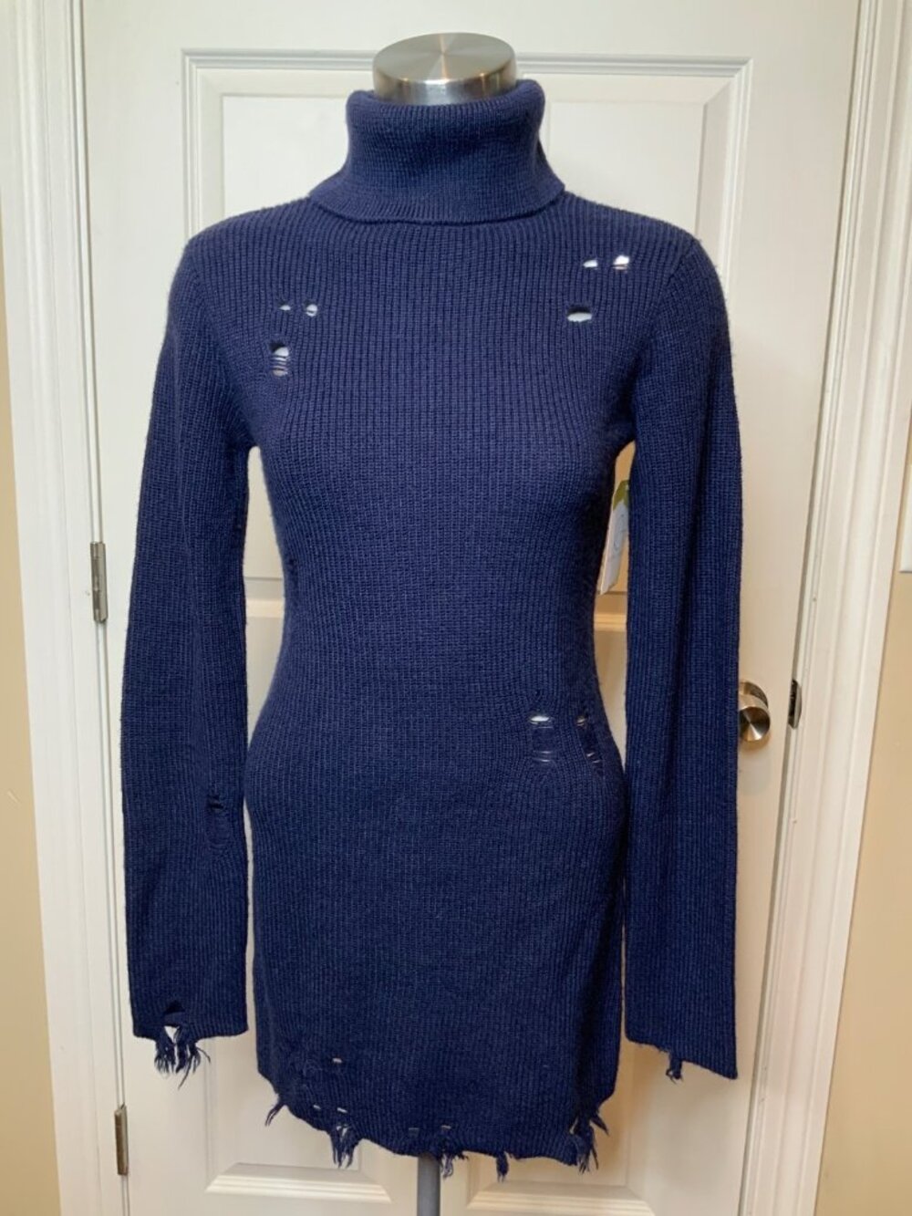 Lovers + Friends Blue Keeney Distressed Turtleneck Sweater Dress, Size S